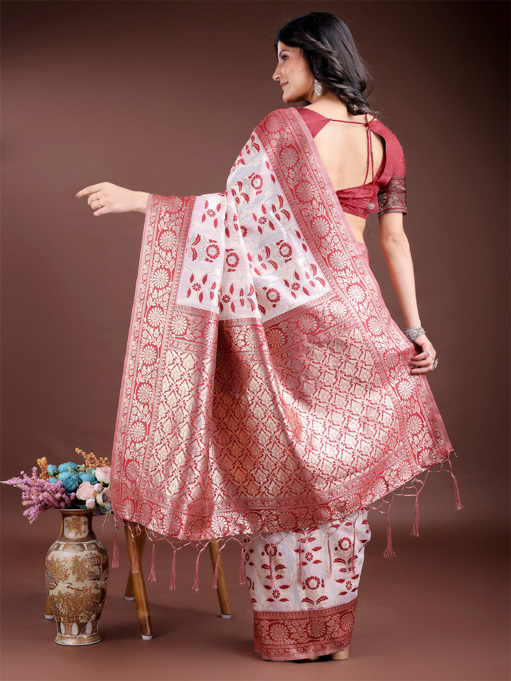 Shree Shyam Fashion Maroon Linen Cotton Woven Zari Work Traditional Tassel Saree | Grocsy