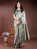 Shree Shyam Fashion Green Linen Cotton Woven Zari Work Traditional Tassel Saree | Grocsy