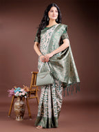Shree Shyam Fashion Green Linen Cotton Woven Zari Work Traditional Tassel Saree | Grocsy