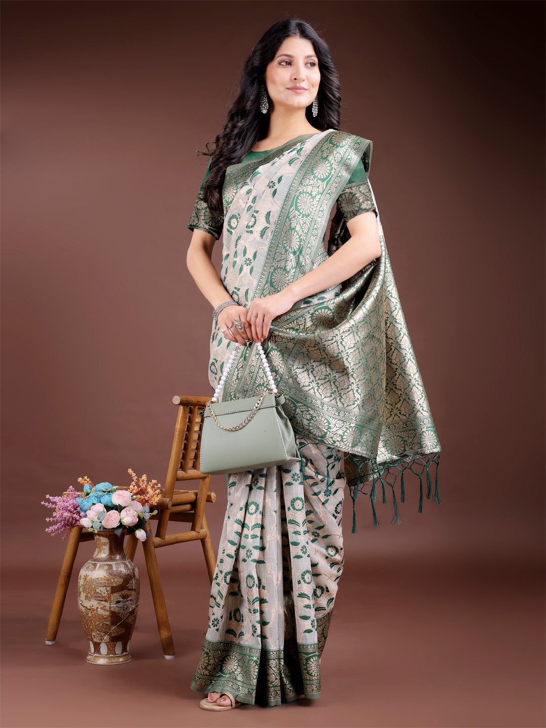 Shree Shyam Fashion Green Linen Cotton Woven Zari Work Traditional Tassel Saree | Grocsy