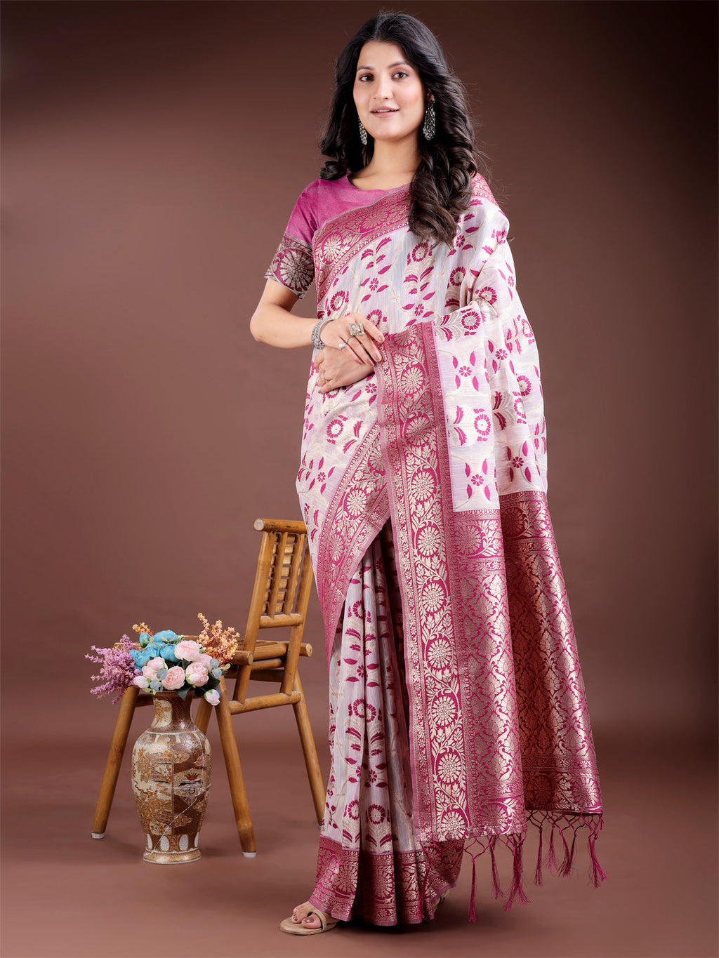 Shree Shyam Fashion Purple Linen Cotton Woven Zari Work Traditional Tassel Saree | Grocsy