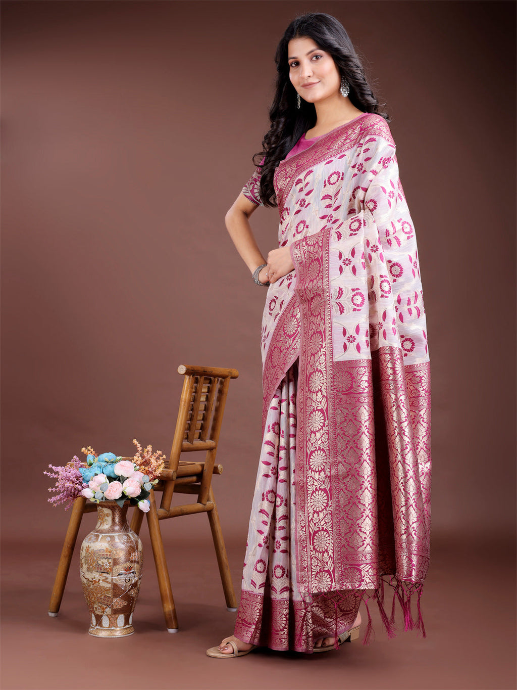 Shree Shyam Fashion Purple Linen Cotton Woven Zari Work Traditional Tassel Saree | Grocsy