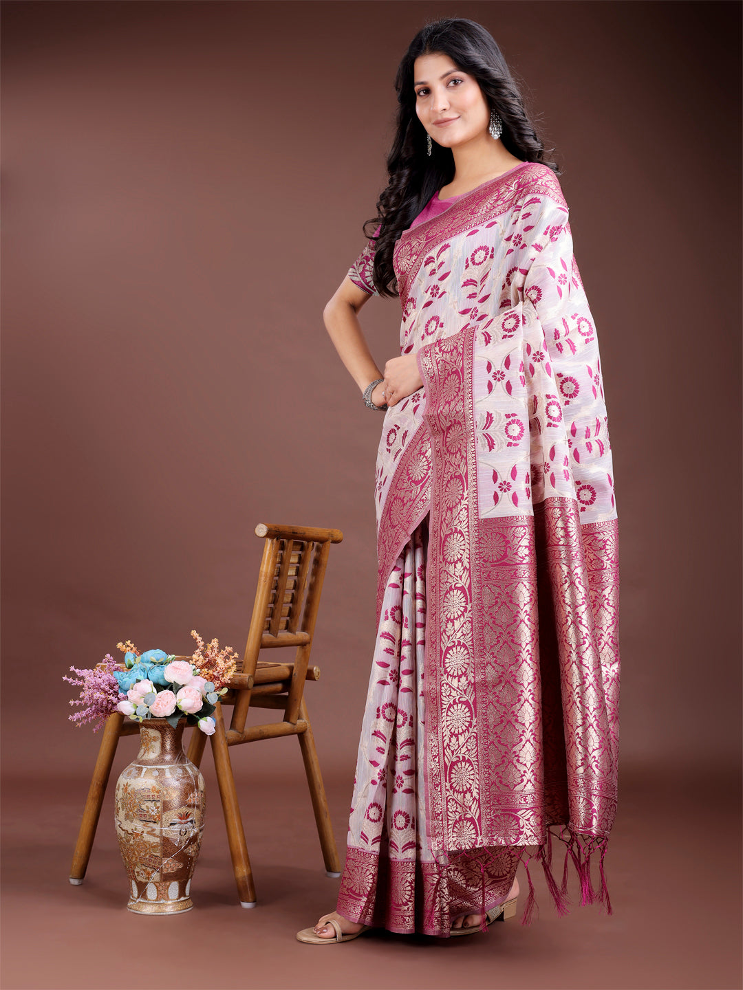 Shree Shyam Fashion Purple Linen Cotton Woven Zari Work Traditional Tassel Saree | Grocsy
