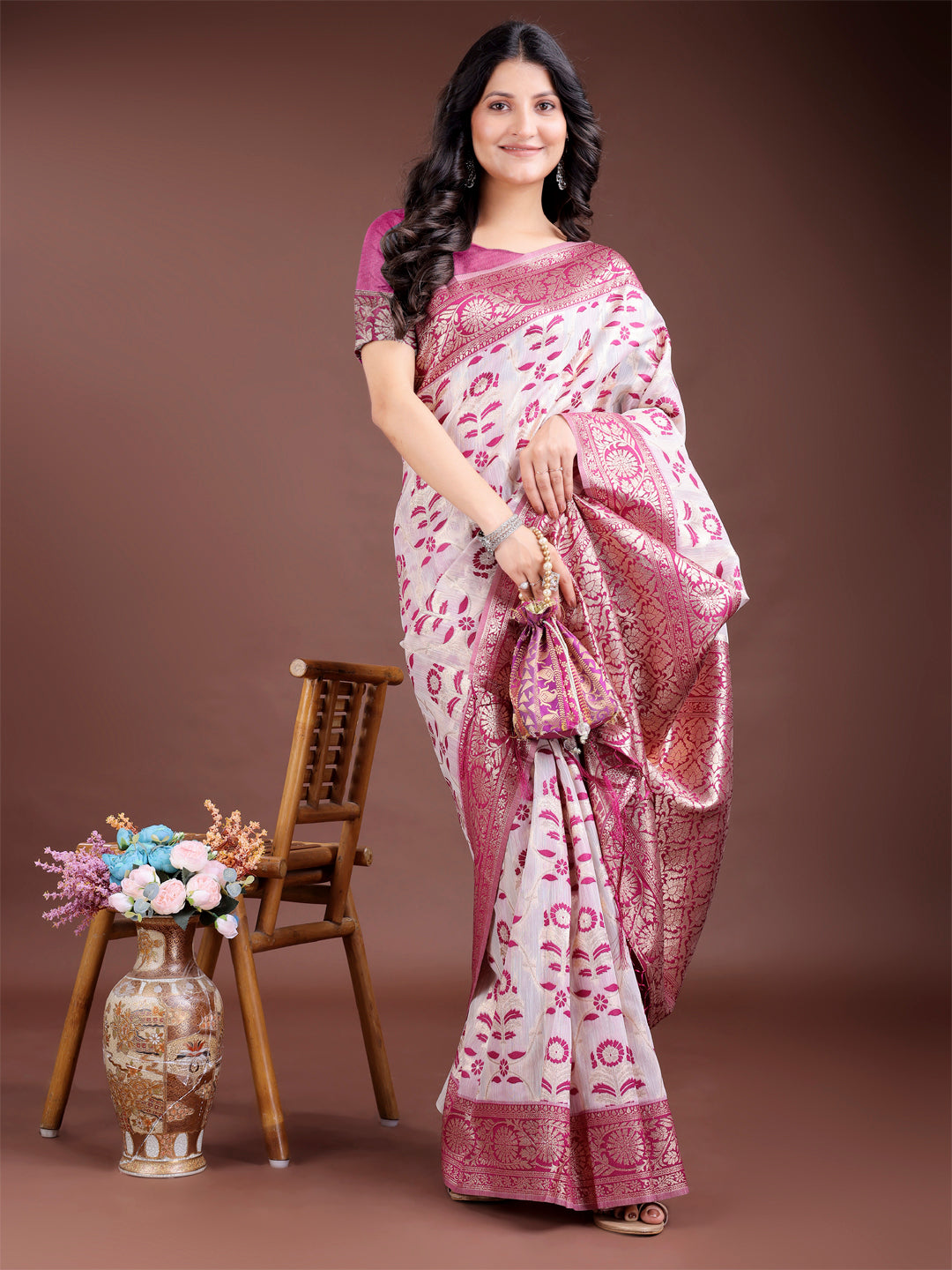 Shree Shyam Fashion Purple Linen Cotton Woven Zari Work Traditional Tassel Saree | Grocsy