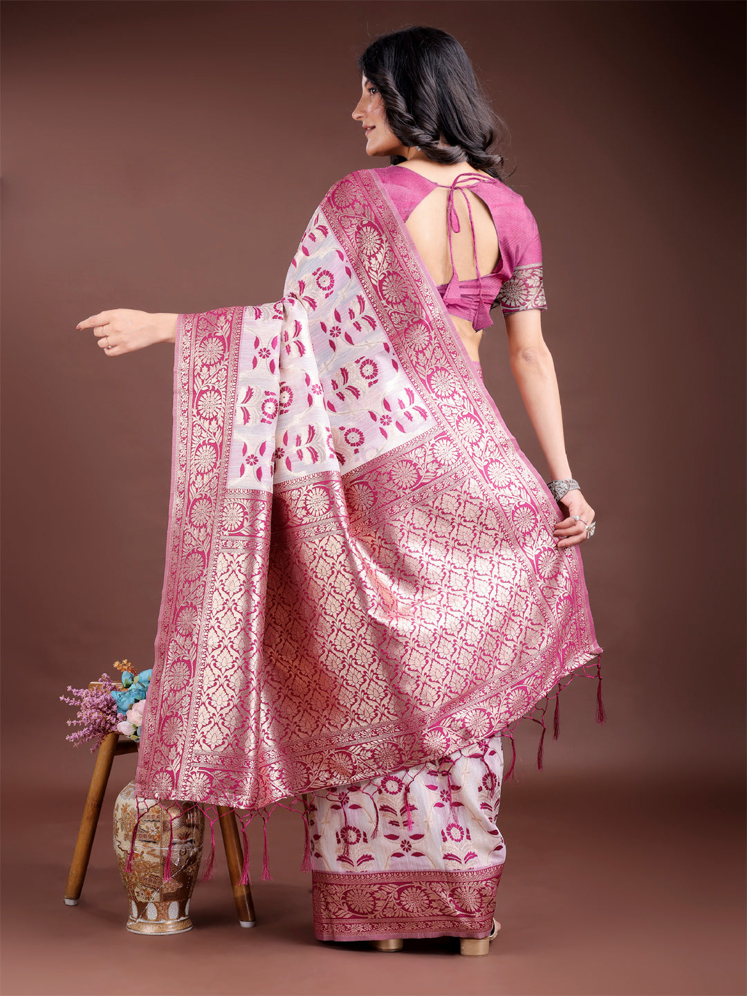 Shree Shyam Fashion Purple Linen Cotton Woven Zari Work Traditional Tassel Saree | Grocsy