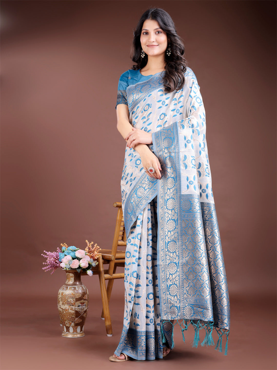 Shree Shyam Fashion Sky Blue Linen Cotton Woven Zari Work Traditional Tassel Saree | Grocsy