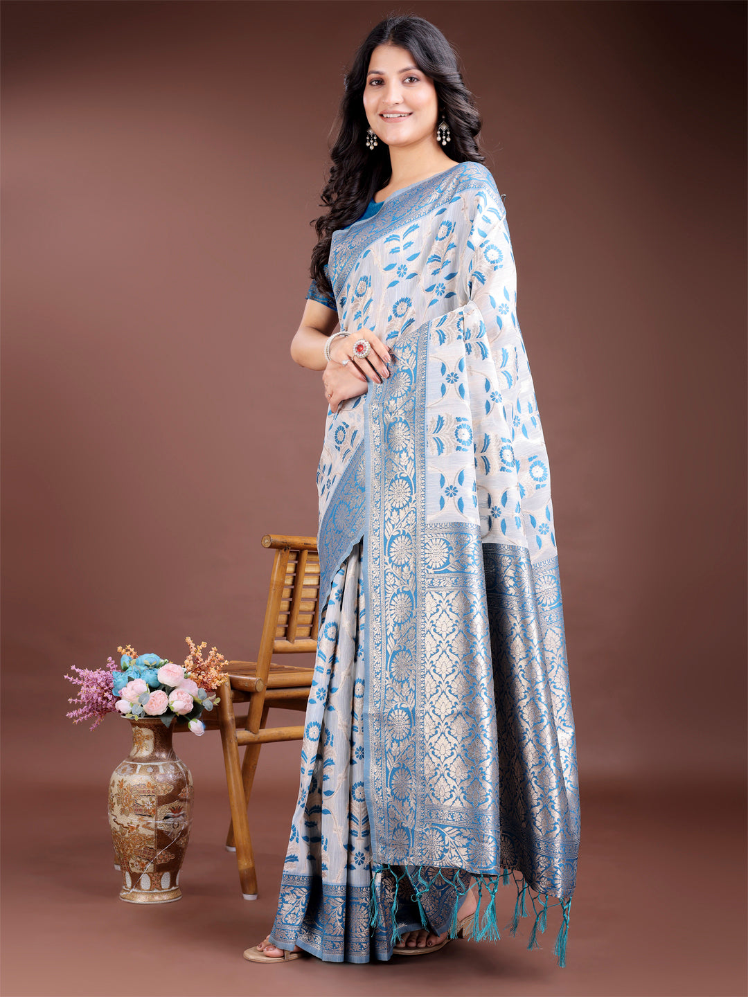Shree Shyam Fashion Sky Blue Linen Cotton Woven Zari Work Traditional Tassel Saree | Grocsy