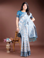 Shree Shyam Fashion Sky Blue Linen Cotton Woven Zari Work Traditional Tassel Saree | Grocsy