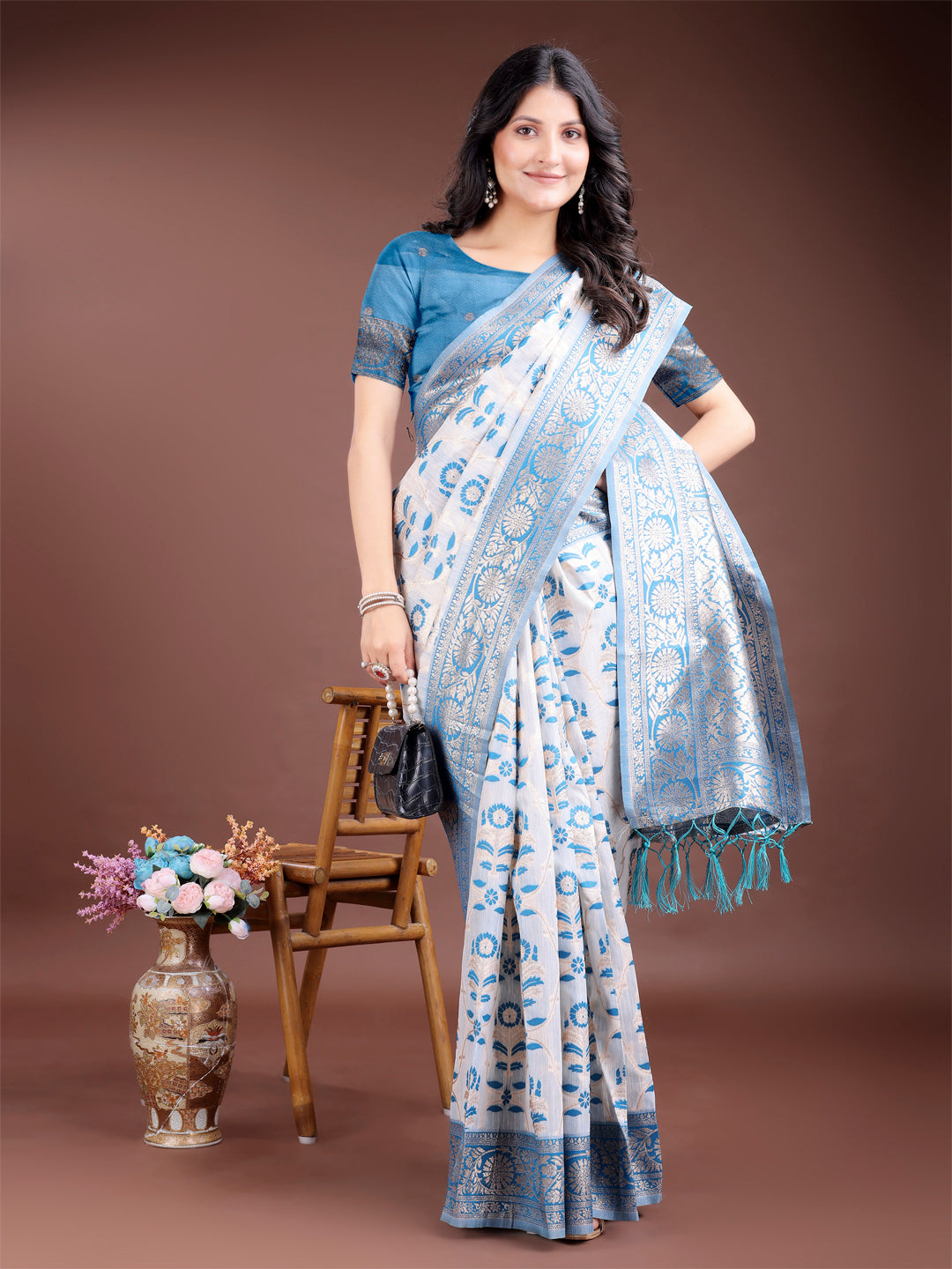 Shree Shyam Fashion Sky Blue Linen Cotton Woven Zari Work Traditional Tassel Saree | Grocsy