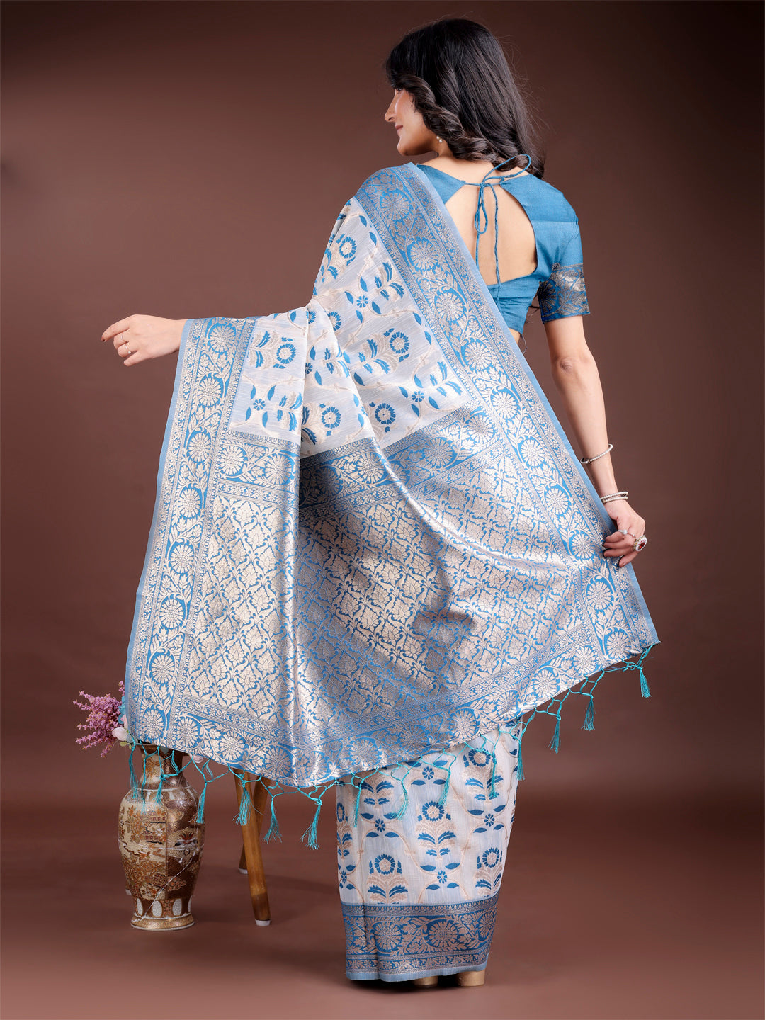 Shree Shyam Fashion Sky Blue Linen Cotton Woven Zari Work Traditional Tassel Saree | Grocsy