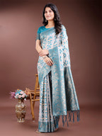 Shree Shyam Fashion Sea Green Linen Cotton Woven Zari Work Traditional Tassel Saree | Grocsy