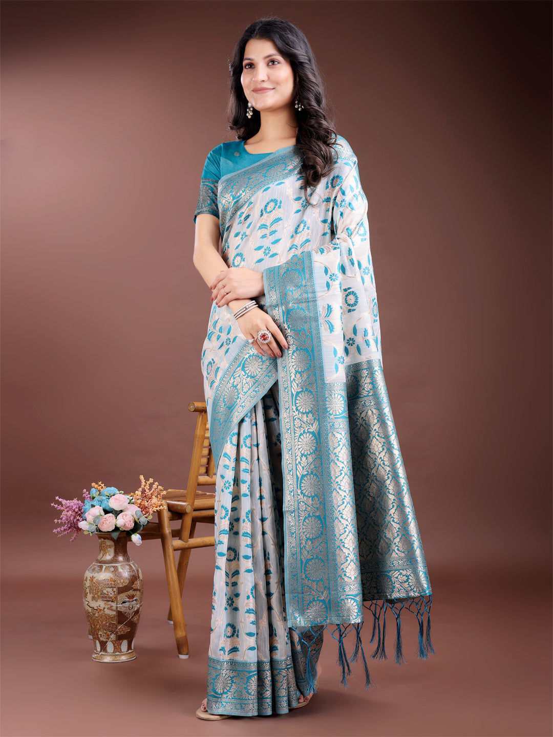 Shree Shyam Fashion Sea Green Linen Cotton Woven Zari Work Traditional Tassel Saree | Grocsy