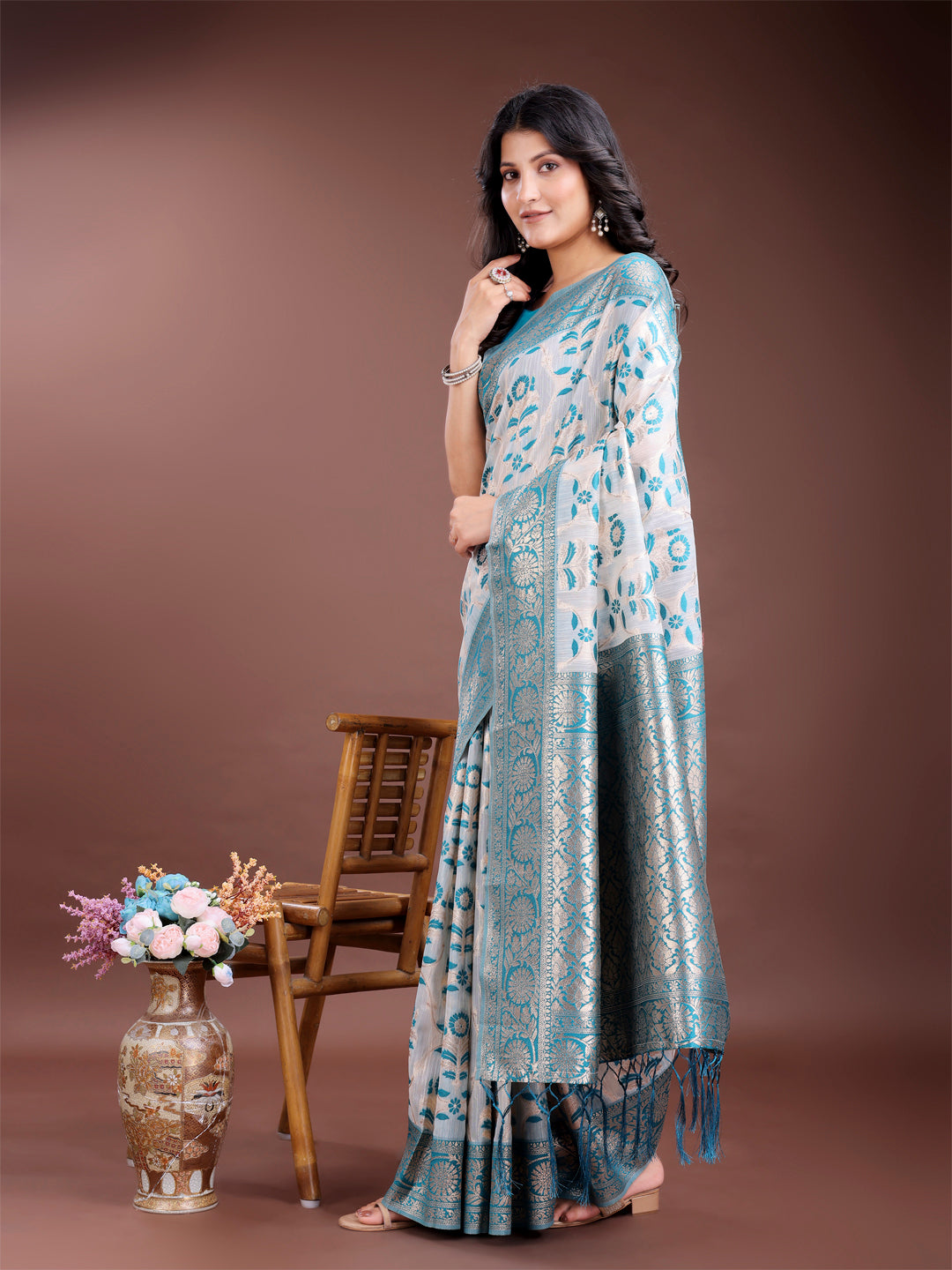 Shree Shyam Fashion Sea Green Linen Cotton Woven Zari Work Traditional Tassel Saree | Grocsy