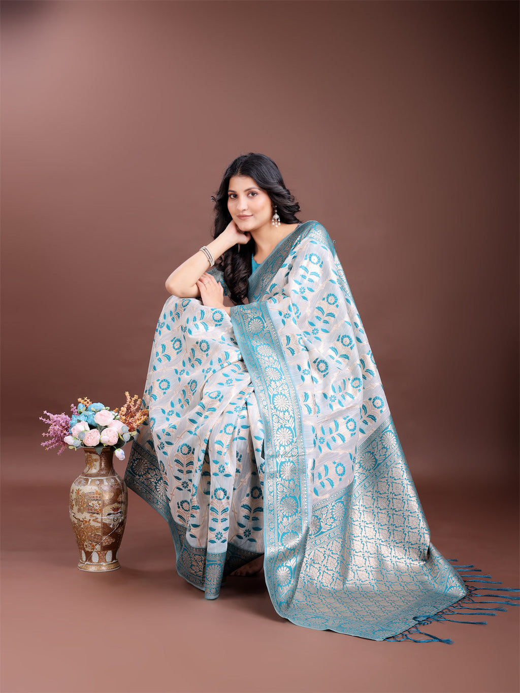 Shree Shyam Fashion Sea Green Linen Cotton Woven Zari Work Traditional Tassel Saree | Grocsy