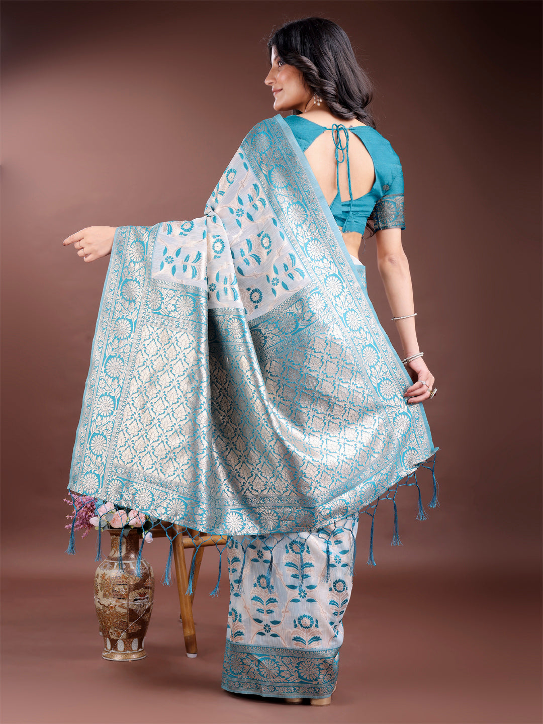 Shree Shyam Fashion Sea Green Linen Cotton Woven Zari Work Traditional Tassel Saree | Grocsy