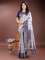 Shree Shyam Fashion Navy Blue Linen Cotton Woven Zari Work Traditional Tassel Saree | Grocsy