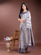 Shree Shyam Fashion Navy Blue Linen Cotton Woven Zari Work Traditional Tassel Saree | Grocsy