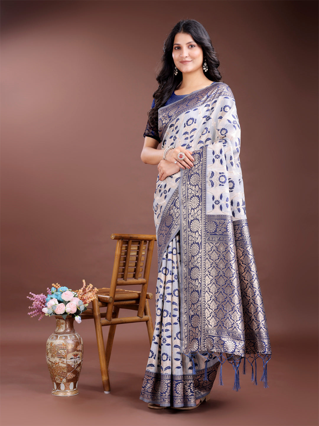 Shree Shyam Fashion Navy Blue Linen Cotton Woven Zari Work Traditional Tassel Saree | Grocsy