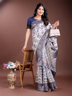 Shree Shyam Fashion Navy Blue Linen Cotton Woven Zari Work Traditional Tassel Saree | Grocsy
