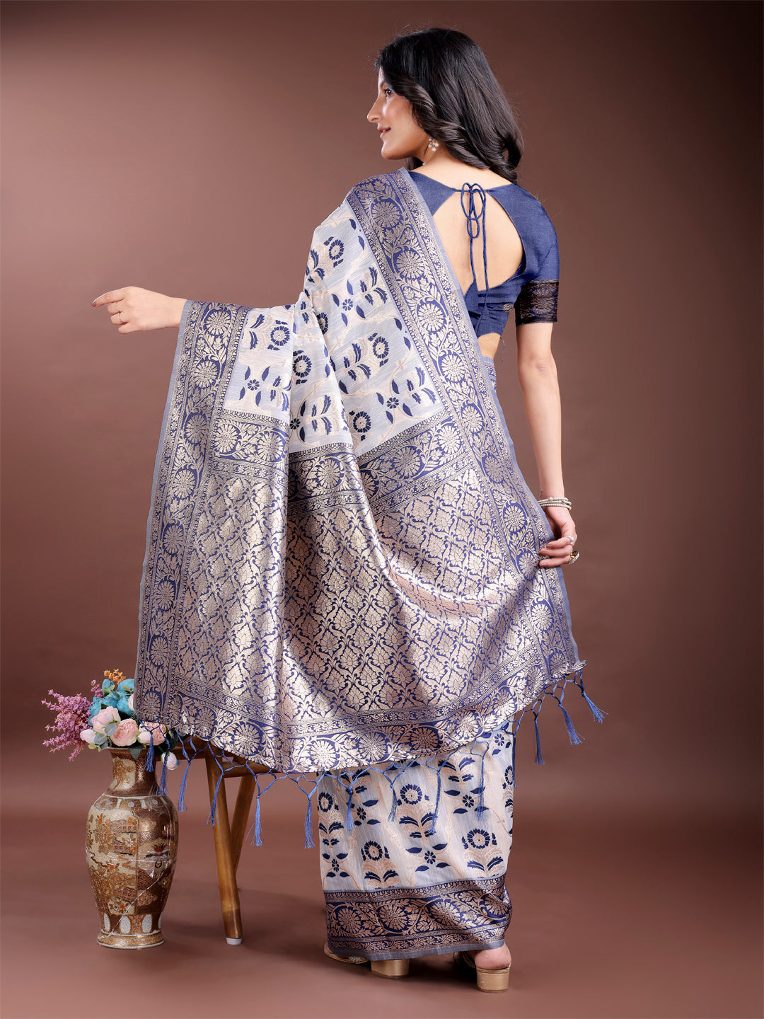 Shree Shyam Fashion Navy Blue Linen Cotton Woven Zari Work Traditional Tassel Saree | Grocsy