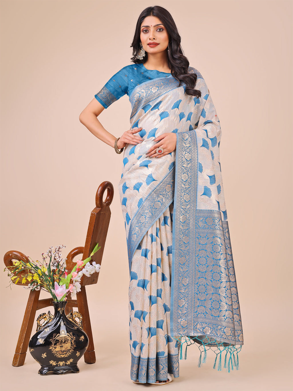 Shree Shyam Fashion Elegant Off-White & Sky Blue Linen Cotton Saree with Zari Woven Border and Pallu - Soft Lightweight Saree for Daily,Festive & Office Wear | Grocsy