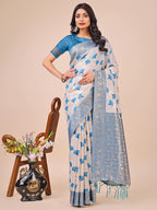 Shree Shyam Fashion Elegant Off-White & Sky Blue Linen Cotton Saree with Zari Woven Border and Pallu - Soft Lightweight Saree for Daily,Festive & Office Wear | Grocsy