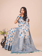 Shree Shyam Fashion Elegant Off-White & Sky Blue Linen Cotton Saree with Zari Woven Border and Pallu - Soft Lightweight Saree for Daily,Festive & Office Wear | Grocsy