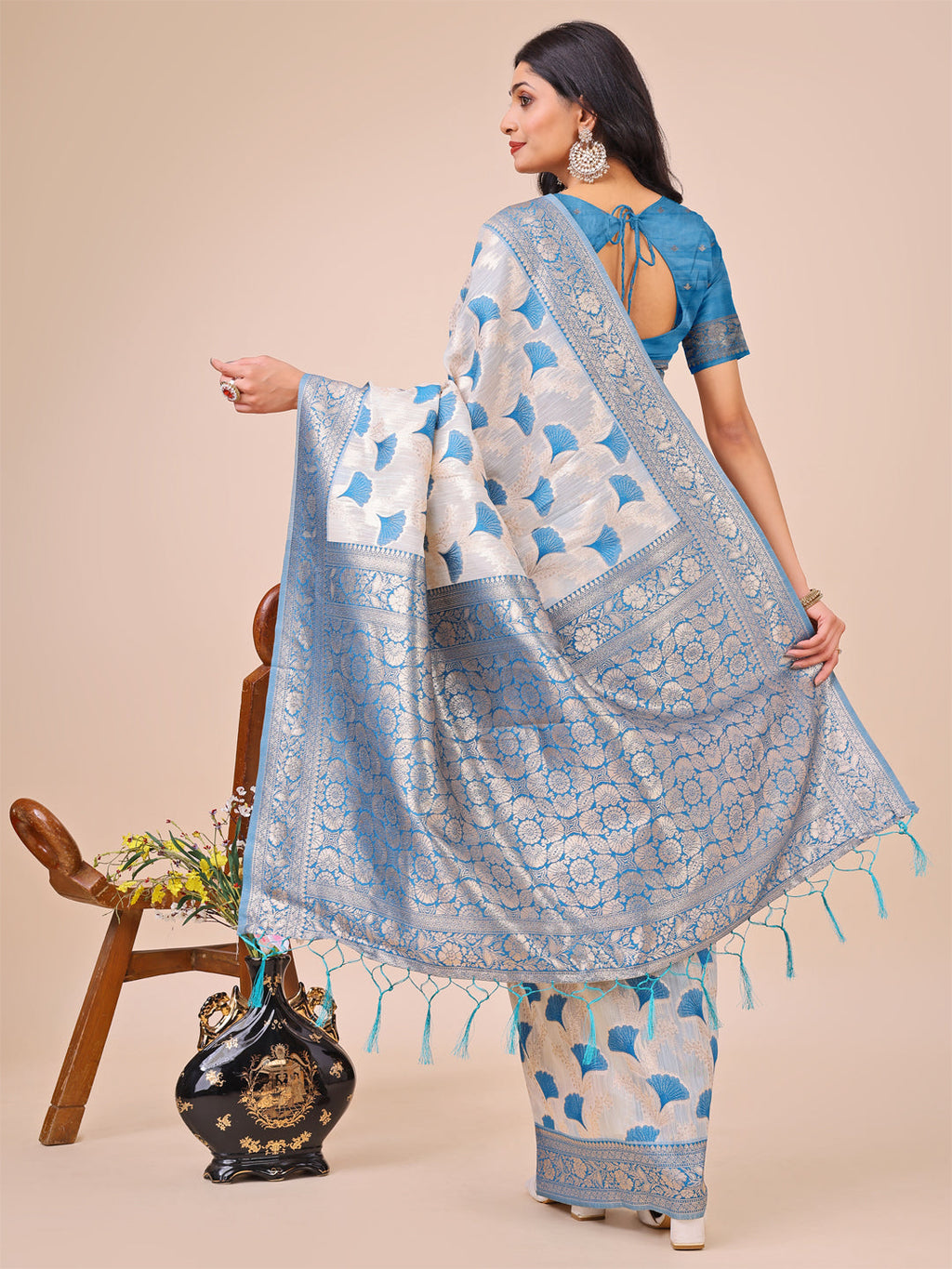 Shree Shyam Fashion Elegant Off-White & Sky Blue Linen Cotton Saree with Zari Woven Border and Pallu - Soft Lightweight Saree for Daily,Festive & Office Wear | Grocsy