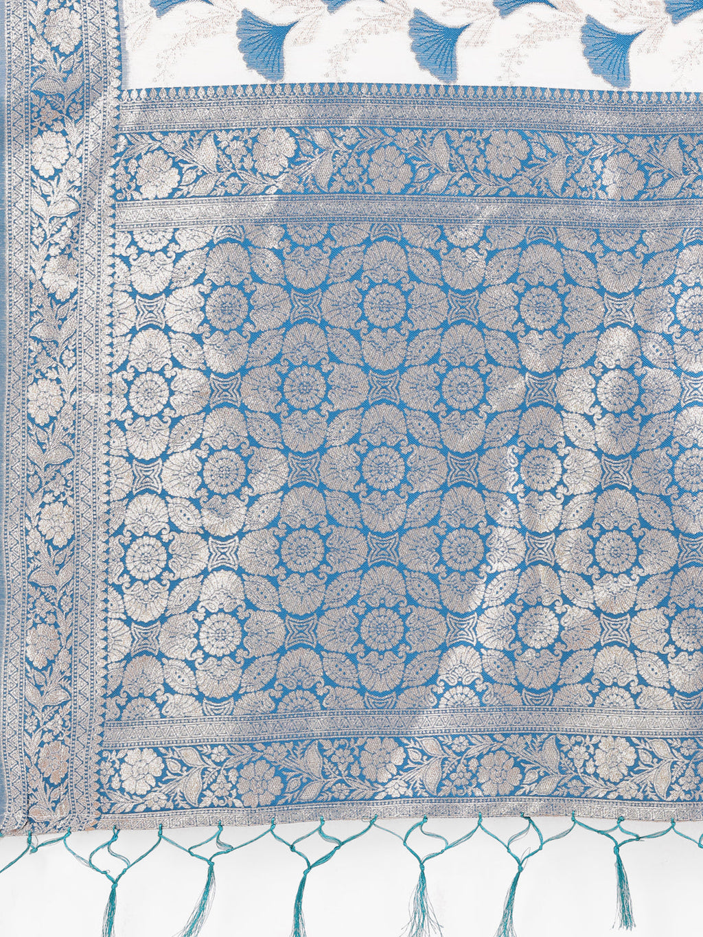 Shree Shyam Fashion Elegant Off-White & Sky Blue Linen Cotton Saree with Zari Woven Border and Pallu - Soft Lightweight Saree for Daily,Festive & Office Wear | Grocsy
