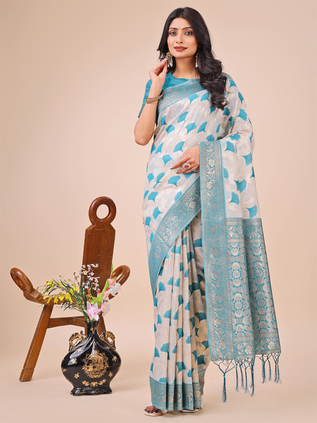 Shree Shyam Fashion Elegant Off-White & Teal Linen Cotton Saree with Zari Woven Border and Pallu - Soft Lightweight Saree for Daily,Festive & Office Wear | Grocsy