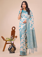 Shree Shyam Fashion Elegant Off-White & Teal Linen Cotton Saree with Zari Woven Border and Pallu - Soft Lightweight Saree for Daily,Festive & Office Wear | Grocsy