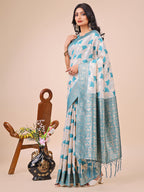 Shree Shyam Fashion Elegant Off-White & Teal Linen Cotton Saree with Zari Woven Border and Pallu - Soft Lightweight Saree for Daily,Festive & Office Wear | Grocsy