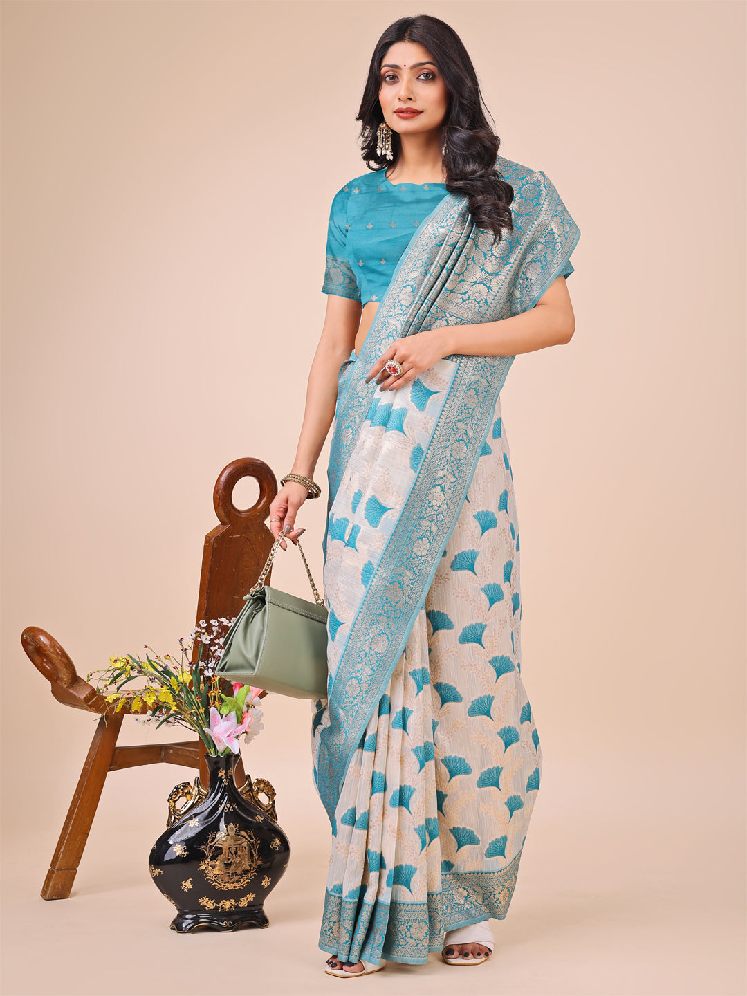 Shree Shyam Fashion Elegant Off-White & Teal Linen Cotton Saree with Zari Woven Border and Pallu - Soft Lightweight Saree for Daily,Festive & Office Wear | Grocsy