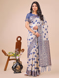 Shree Shyam Fashion Elegant Off-White & Blue Linen Cotton Saree with Zari Woven Border and Pallu - Soft Lightweight Saree for Daily,Festive & Office Wear | Grocsy