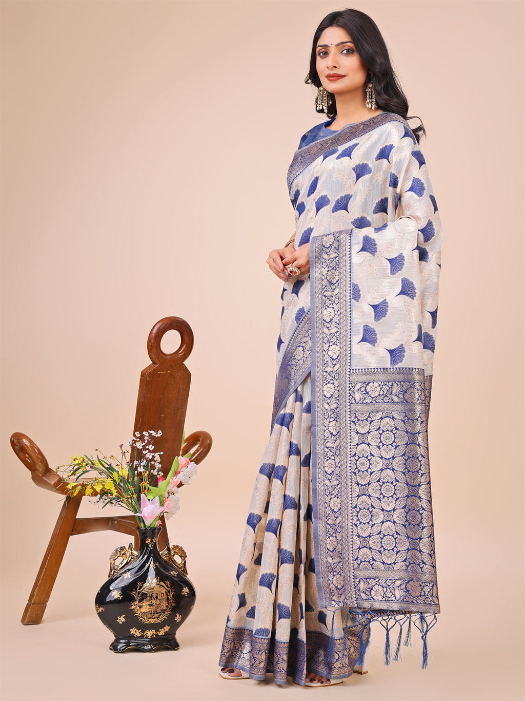 Shree Shyam Fashion Elegant Off-White & Blue Linen Cotton Saree with Zari Woven Border and Pallu - Soft Lightweight Saree for Daily,Festive & Office Wear | Grocsy