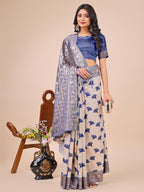 Shree Shyam Fashion Elegant Off-White & Blue Linen Cotton Saree with Zari Woven Border and Pallu - Soft Lightweight Saree for Daily,Festive & Office Wear | Grocsy