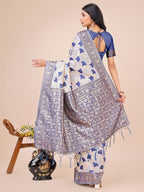 Shree Shyam Fashion Elegant Off-White & Blue Linen Cotton Saree with Zari Woven Border and Pallu - Soft Lightweight Saree for Daily,Festive & Office Wear | Grocsy