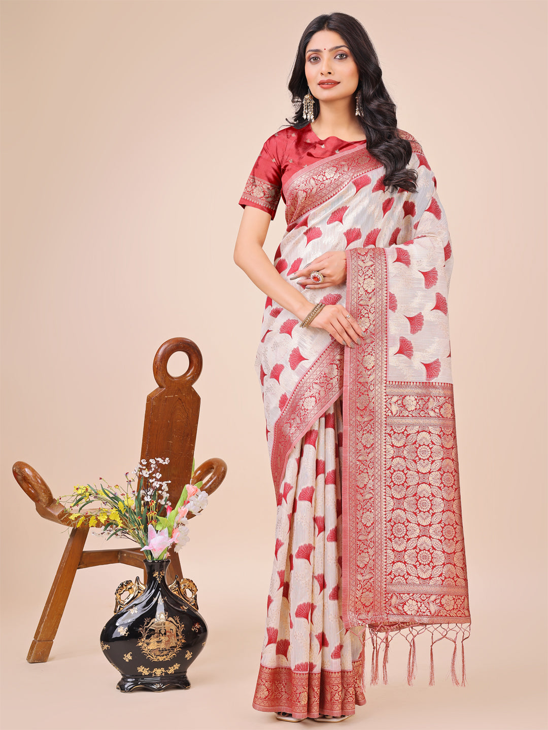 Shree Shyam Fashion Elegant Off-White & Maroon Linen Cotton Saree with Zari Woven Border and Pallu - Soft Lightweight Saree for Daily,Festive & Office Wear | Grocsy