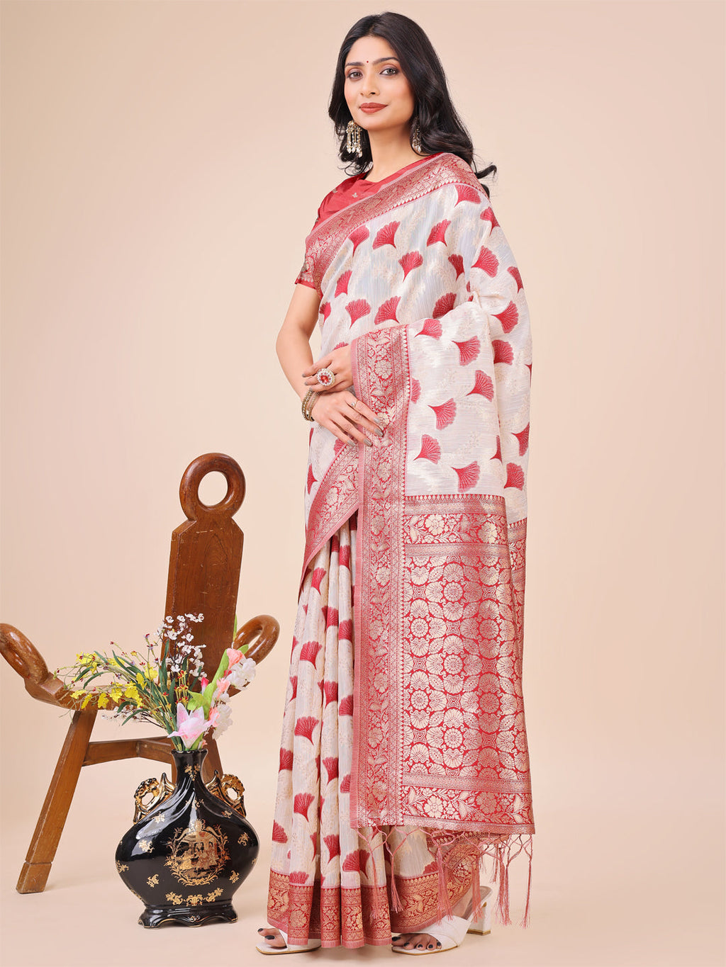 Shree Shyam Fashion Elegant Off-White & Maroon Linen Cotton Saree with Zari Woven Border and Pallu - Soft Lightweight Saree for Daily,Festive & Office Wear | Grocsy
