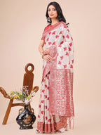 Shree Shyam Fashion Elegant Off-White & Maroon Linen Cotton Saree with Zari Woven Border and Pallu - Soft Lightweight Saree for Daily,Festive & Office Wear | Grocsy