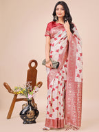 Shree Shyam Fashion Elegant Off-White & Maroon Linen Cotton Saree with Zari Woven Border and Pallu - Soft Lightweight Saree for Daily,Festive & Office Wear | Grocsy