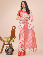 Shree Shyam Fashion Elegant Off-White & Red Linen Cotton Saree with Zari Woven Border and Pallu - Soft Lightweight Saree for Daily,Festive & Office Wear | Grocsy