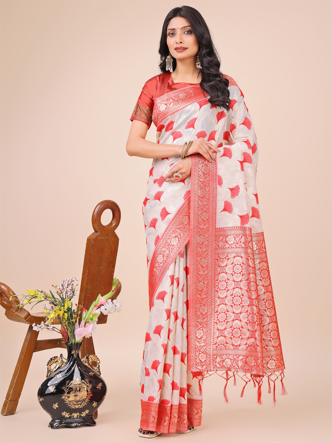 Shree Shyam Fashion Elegant Off-White & Red Linen Cotton Saree with Zari Woven Border and Pallu - Soft Lightweight Saree for Daily,Festive & Office Wear | Grocsy