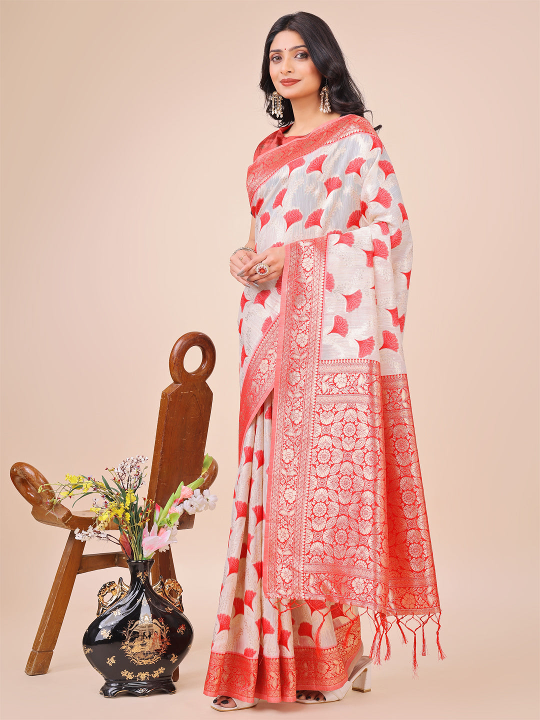 Shree Shyam Fashion Elegant Off-White & Red Linen Cotton Saree with Zari Woven Border and Pallu - Soft Lightweight Saree for Daily,Festive & Office Wear | Grocsy