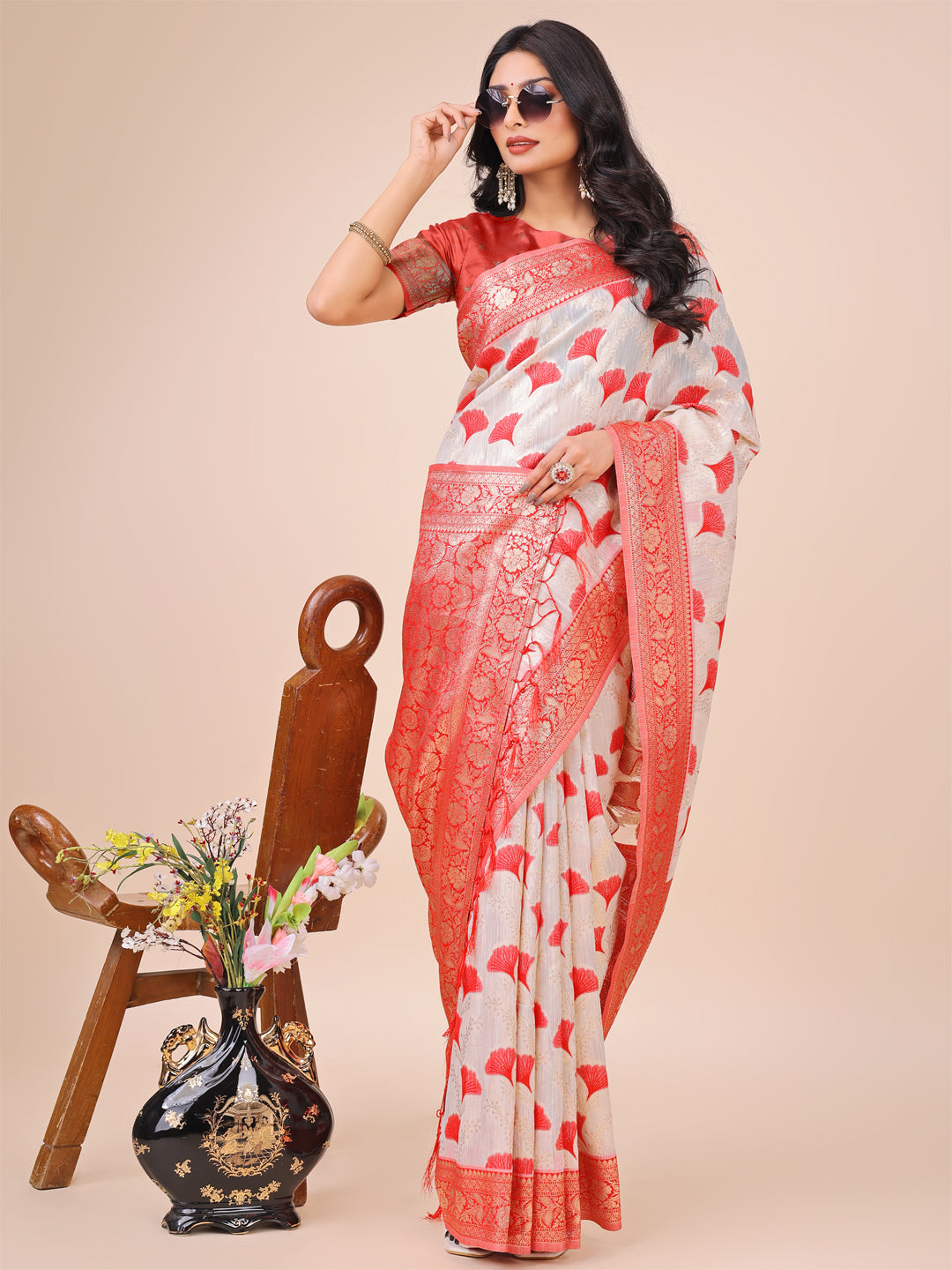 Shree Shyam Fashion Elegant Off-White & Red Linen Cotton Saree with Zari Woven Border and Pallu - Soft Lightweight Saree for Daily,Festive & Office Wear | Grocsy