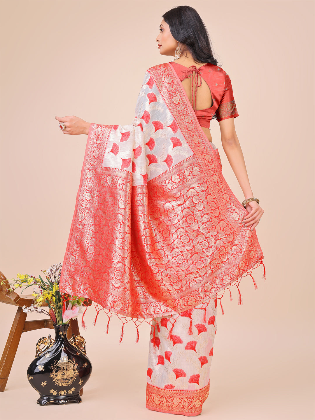 Shree Shyam Fashion Elegant Off-White & Red Linen Cotton Saree with Zari Woven Border and Pallu - Soft Lightweight Saree for Daily,Festive & Office Wear | Grocsy