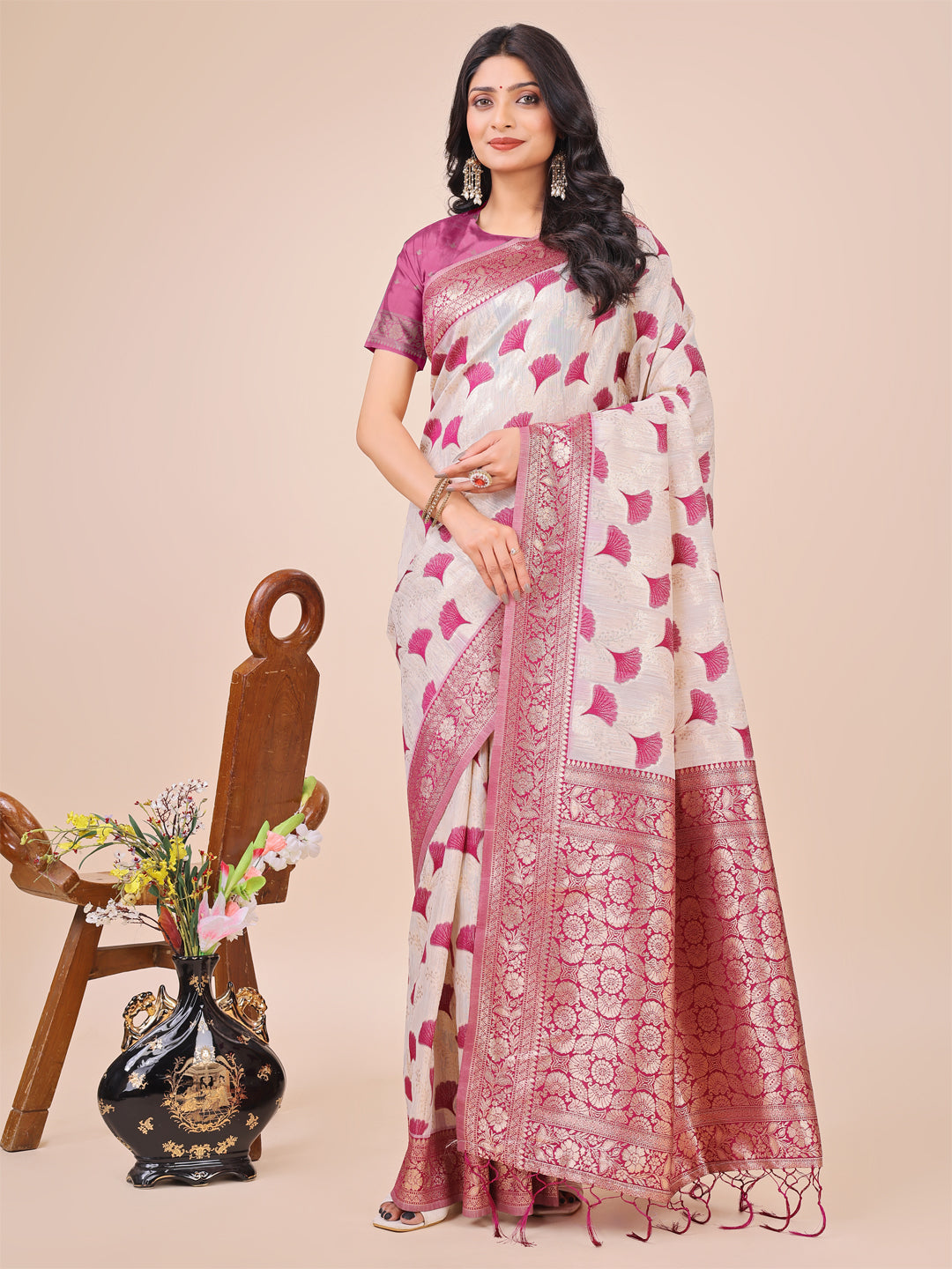 Shree Shyam Fashion Elegant Off-White & Magenta Linen Cotton Saree with Zari Woven Border and Pallu - Soft Lightweight Saree for Daily,Festive & Office Wear | Grocsy