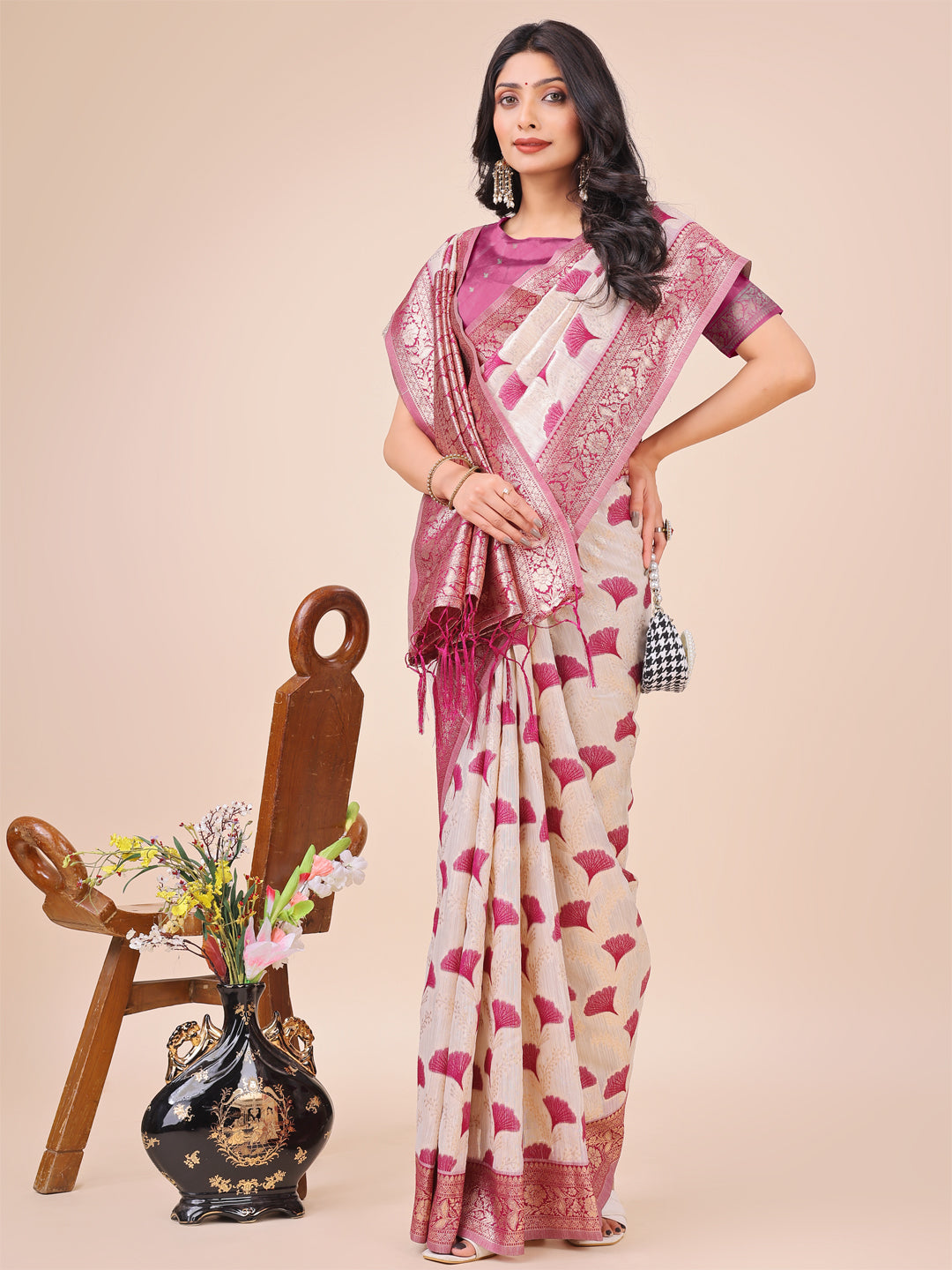 Shree Shyam Fashion Elegant Off-White & Magenta Linen Cotton Saree with Zari Woven Border and Pallu - Soft Lightweight Saree for Daily,Festive & Office Wear | Grocsy