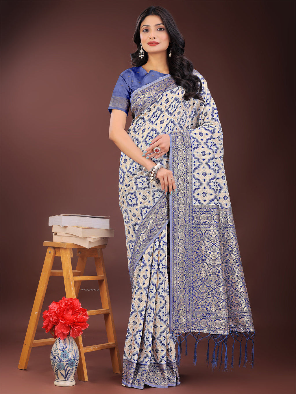 Shree Shyam Fashion Blue Linen Saree with Rich Woven Zari Work - Elegant Ethnic Saree for Festive & Office Wear | Grocsy