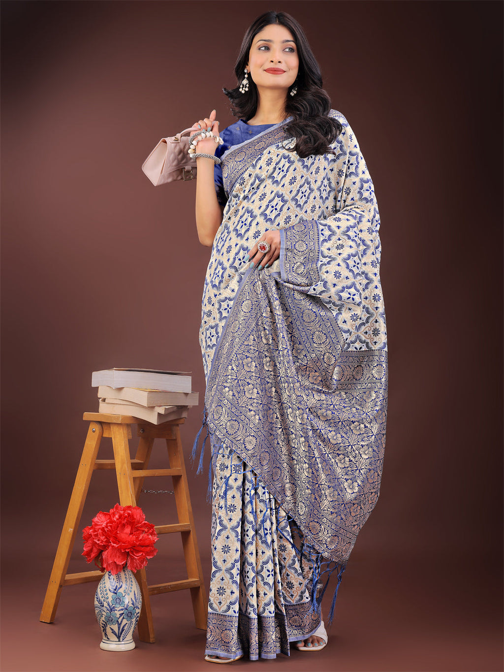 Shree Shyam Fashion Blue Linen Saree with Rich Woven Zari Work - Elegant Ethnic Saree for Festive & Office Wear | Grocsy